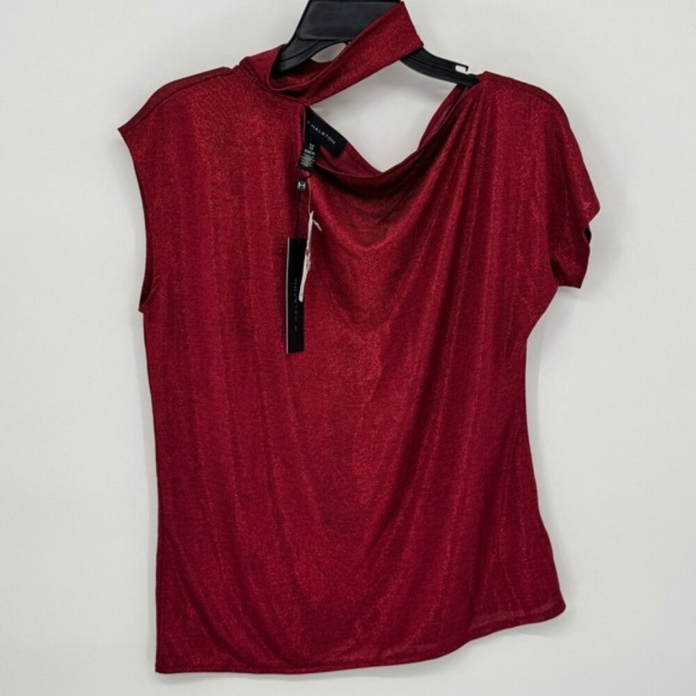 H Halston Womens Red Sparkle Mock Neck Draped Sleeve Top XS NWT MSRP 79